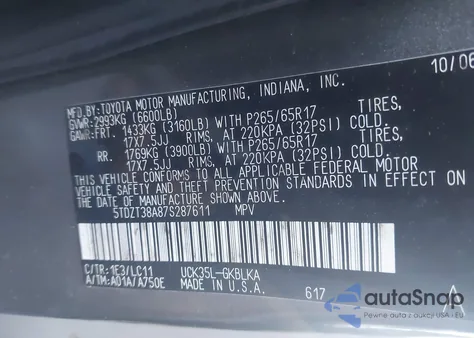 2007 Toyota Sequoia Limited V8 z USA, uszkodzony, nr VIN 5TDZT38A87S287611